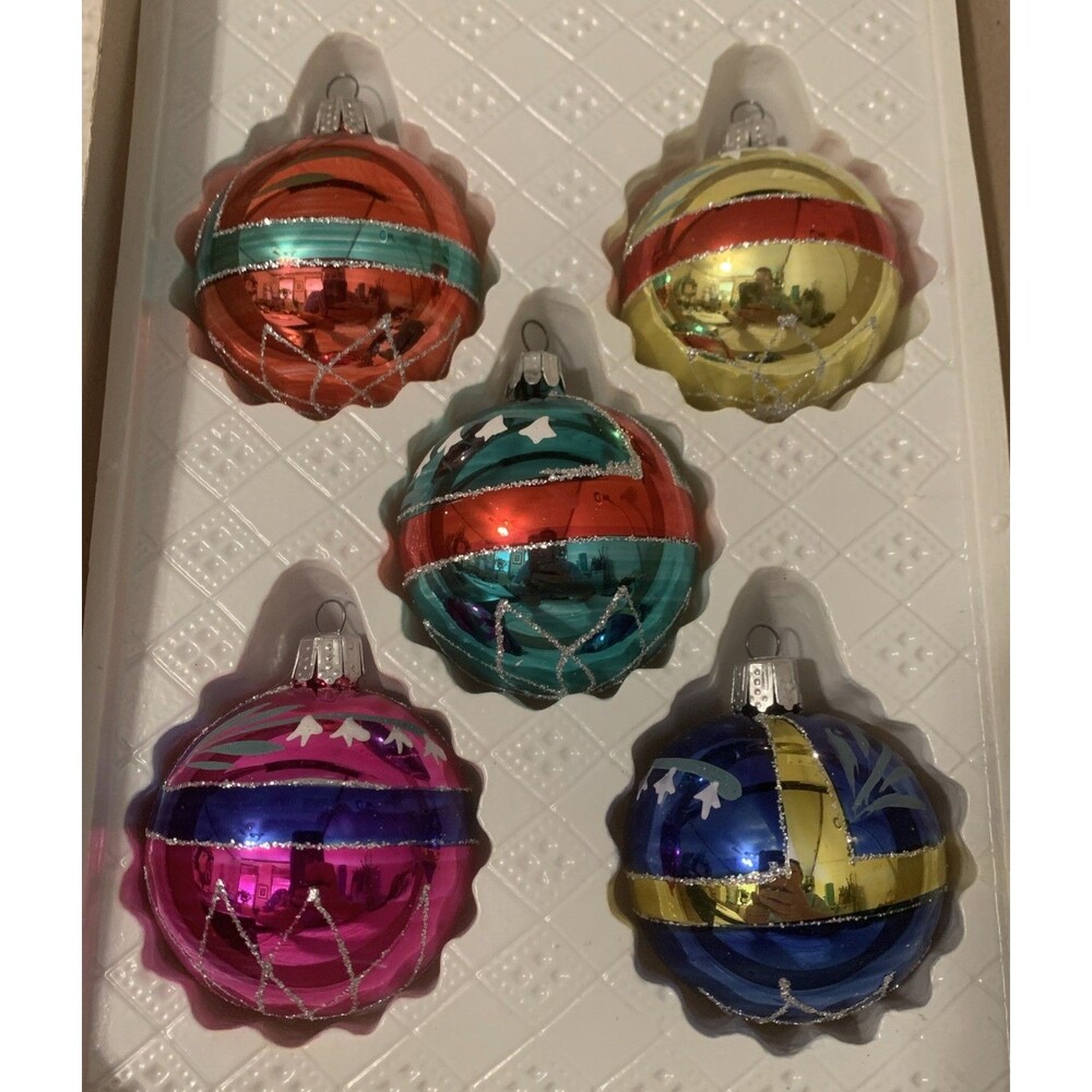 Vintage European Hand Decorated Glass Ornaments Christmas Set Of 5